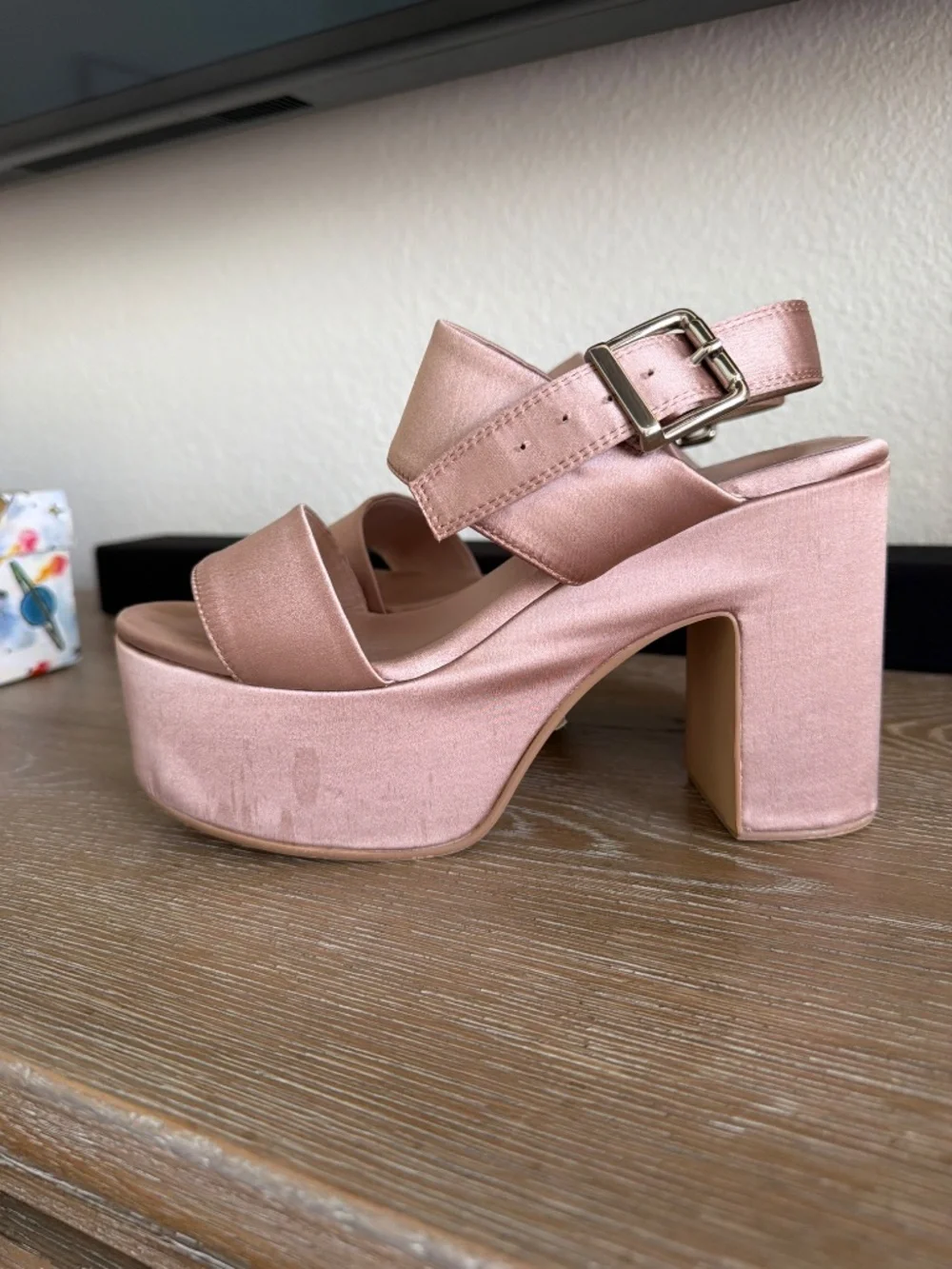 Jeffrey Campbell Moody Taupe Satin platform strap ankle heel size 8.5